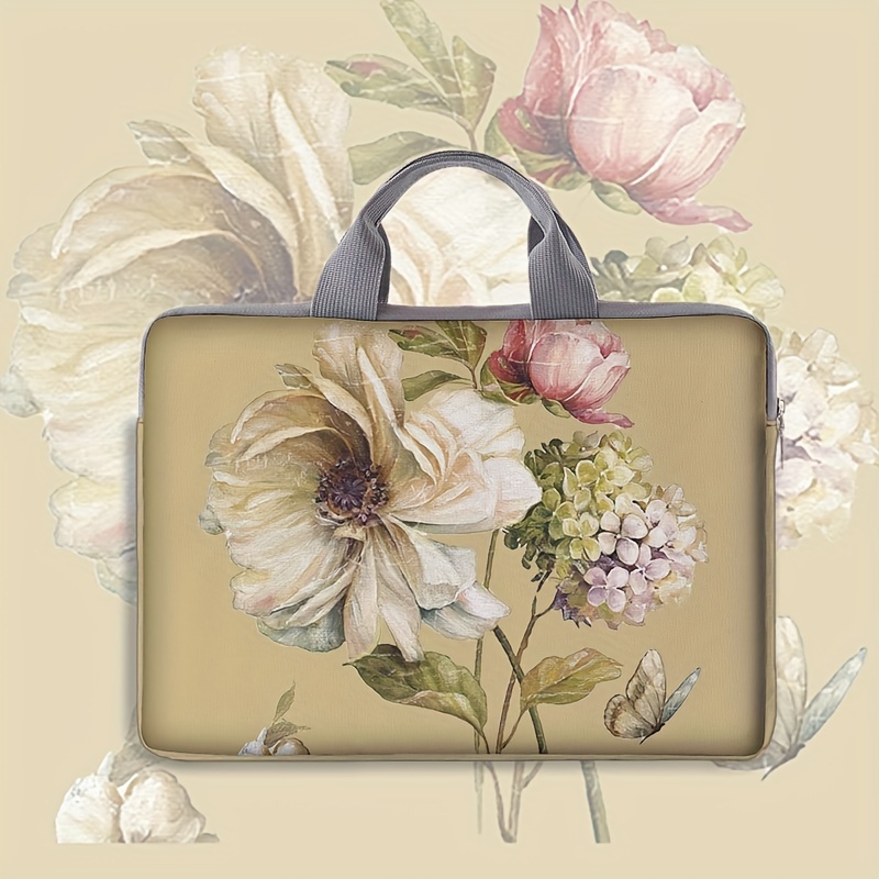 1-piece set, flower patterned laptop bag, briefcase, suitable for 14 inch laptops, fixed laptop bag