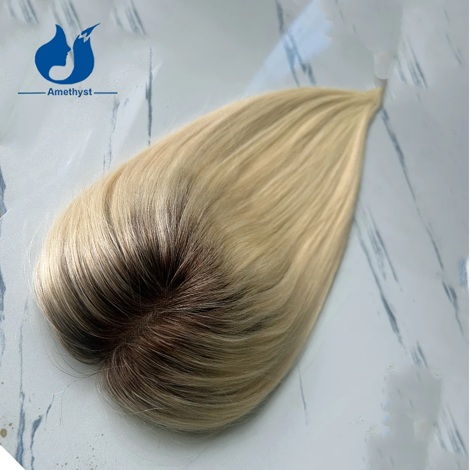 ALINDING YST-Extensions de Cheveux Naturels Vierges Remy Blond Ombré 613 pour Femme, 5x6 Pouces, Base Mono avec réinitialisation, Style Européen