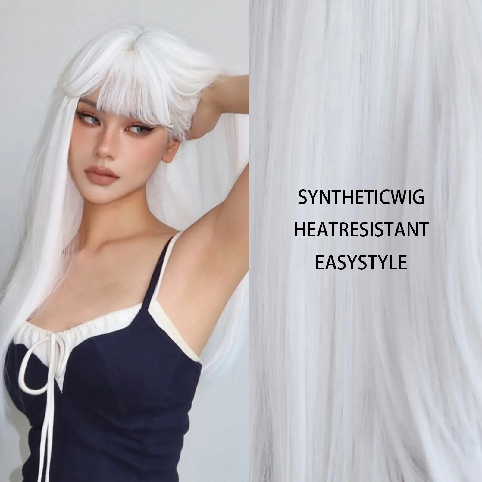 HENRY MARGU Parrucche sintetiche bianche lunghe e diritte per le donne Capelli finti colorati per feste cosplay con frangia Parrucca bianca ad alta temperatura