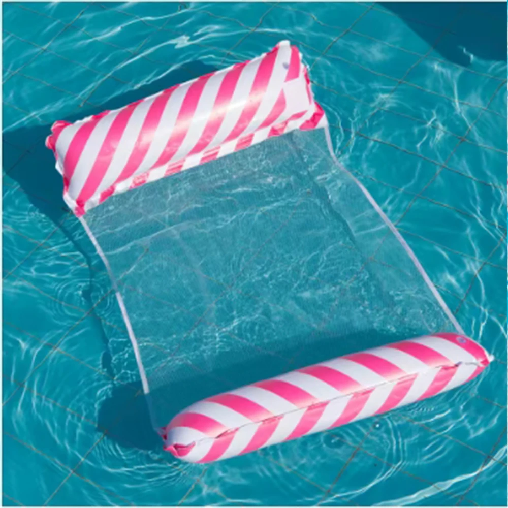 Sillón inflable plegable a rayas, adecuado para fiestas en la piscina y camas flotantes de ocio en la playa con respaldo de red
