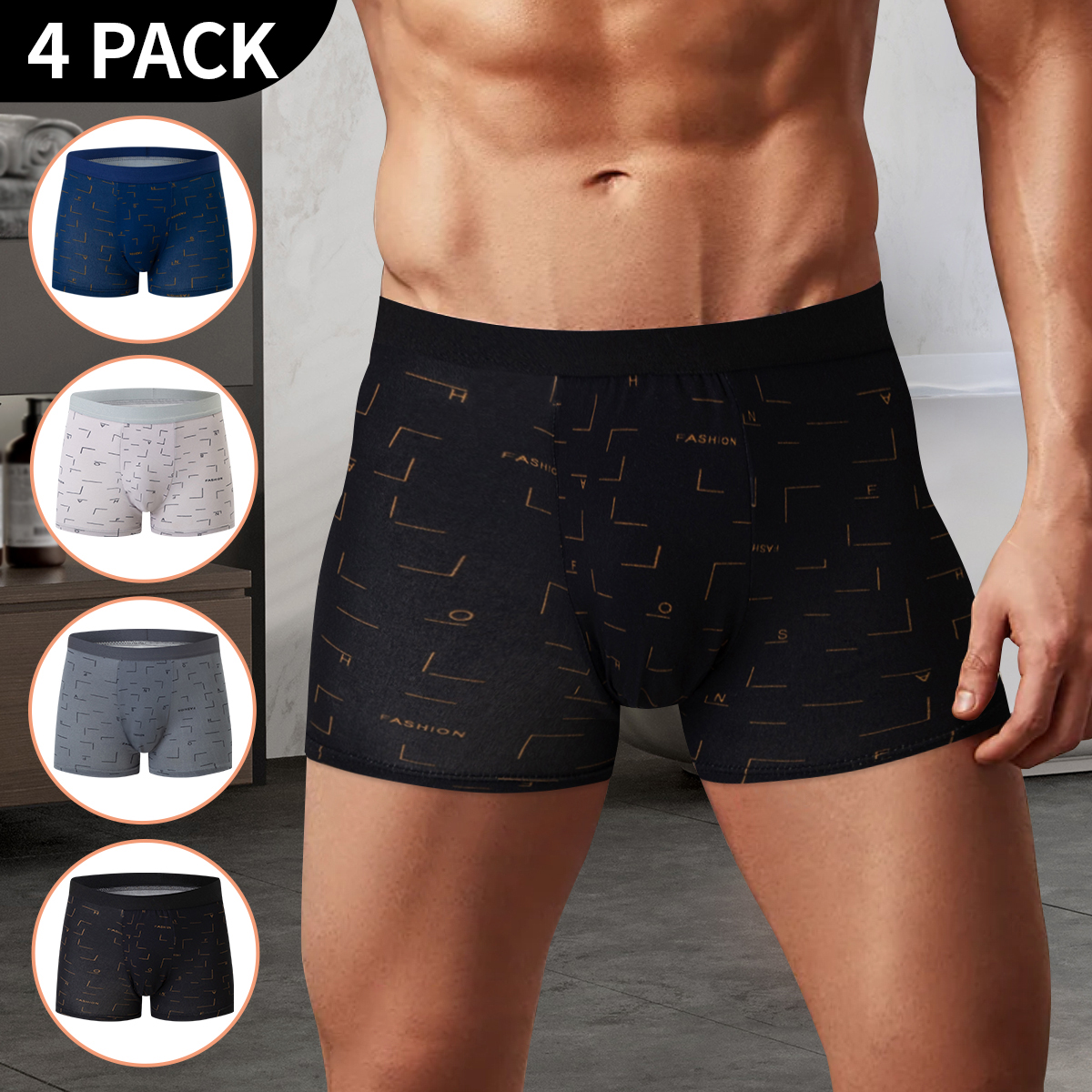 Ropa interior para HOMBRE de 4 piezas, cómoda y moderna, pantalones cortos estampados de talla grande, bañadores máximo 6XL para adolescentes.