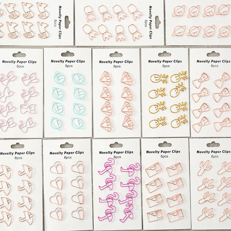 8pcs/set Creative Design Pink Color Paper Clip Kittten Heart Bow Shape Snack Seal Photocard Package Pin Cute Bookmark Tab