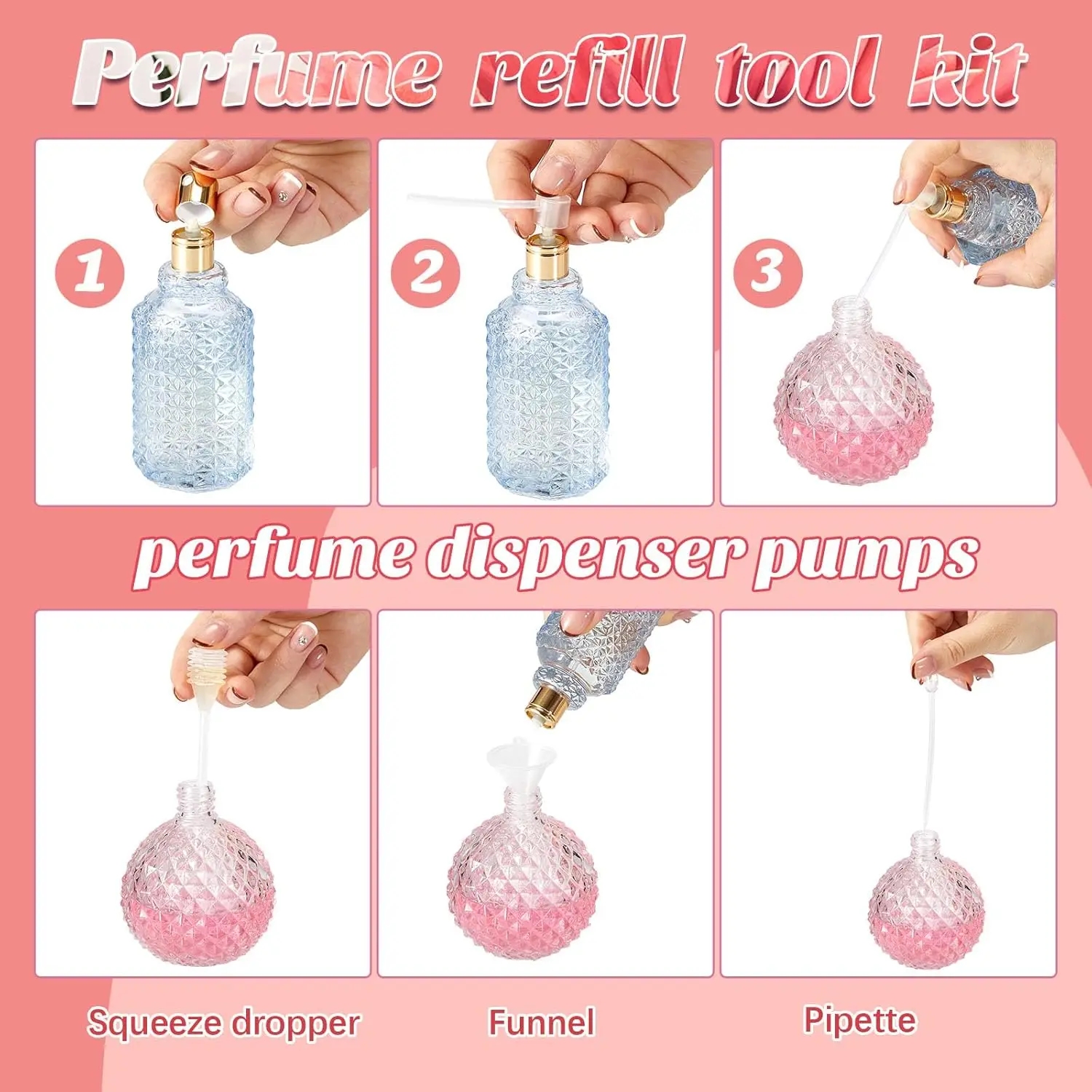 25/50PCS  perfume refill pump tool transfer kits including funnel, dispensing pump, syringe, dropper and squeeze dropper