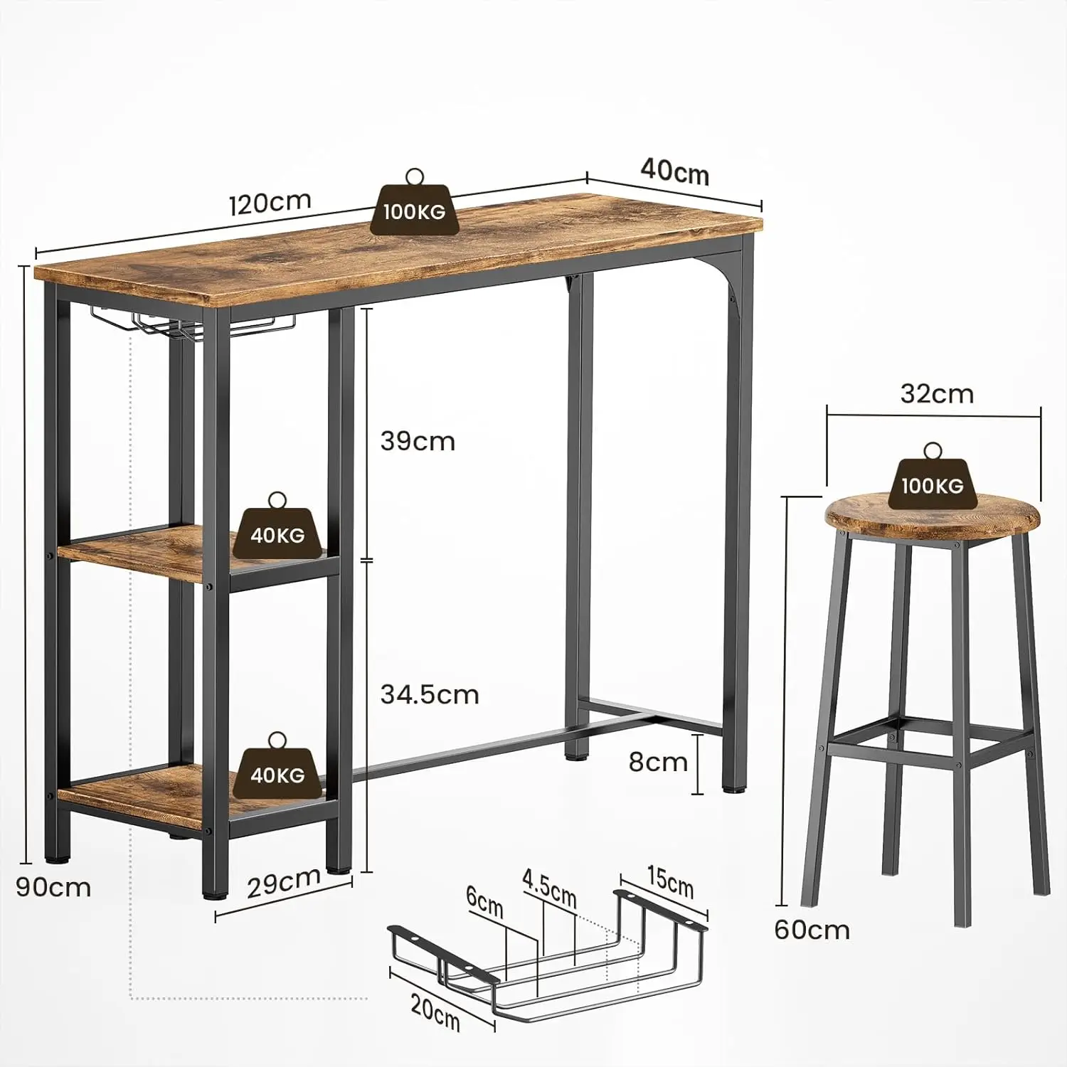 Juego de Mesa de Bar con taburetes para 2 Personas, Juego de Mesa de Pub con 2 estantes y Soporte para Cristal, Juego de Mesa de