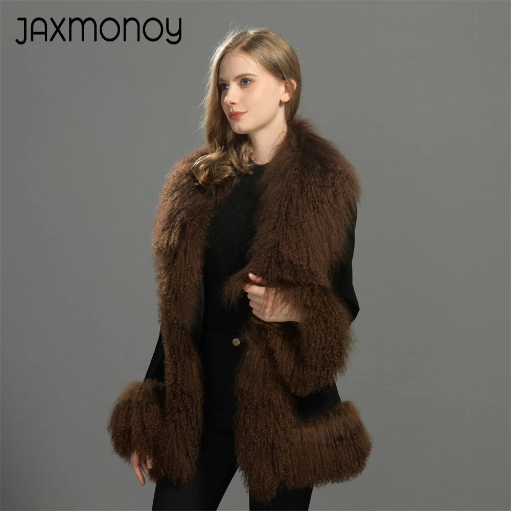 Jxwatcher veste en cuir pour femme garniture en fourrure de mouton mongole manteau en cuir suédé véritable dames hiver chaud veste en cuir véritable automne