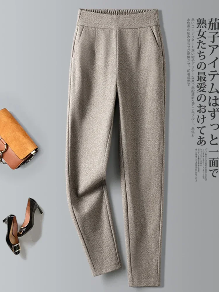 เอวสูงกางเกงผู้หญิงฤดูใบไม้ร่วงฤดูหนาวใหม่เอวยางยืด Apricot Casual กางเกงผู้หญิง Herringbone หนา Harem กางเกง