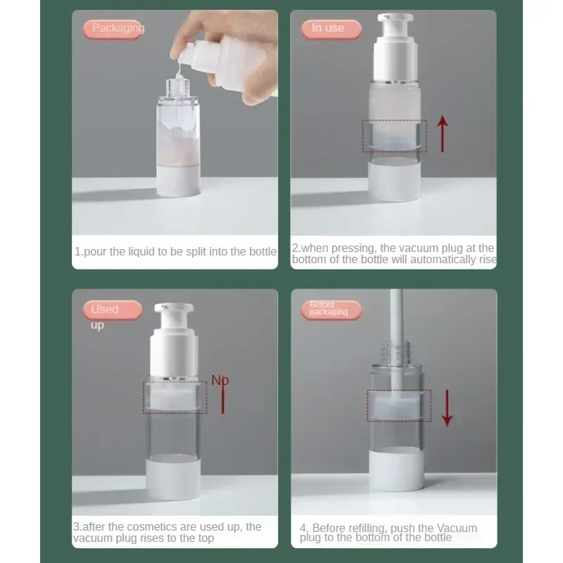 Botella con bomba de crema sin aire transparente para viaje, dispensador de vacío reutilizable recargable, contenedor sin aire, botella de maquillaje, 10/15/30/50/80/100ML