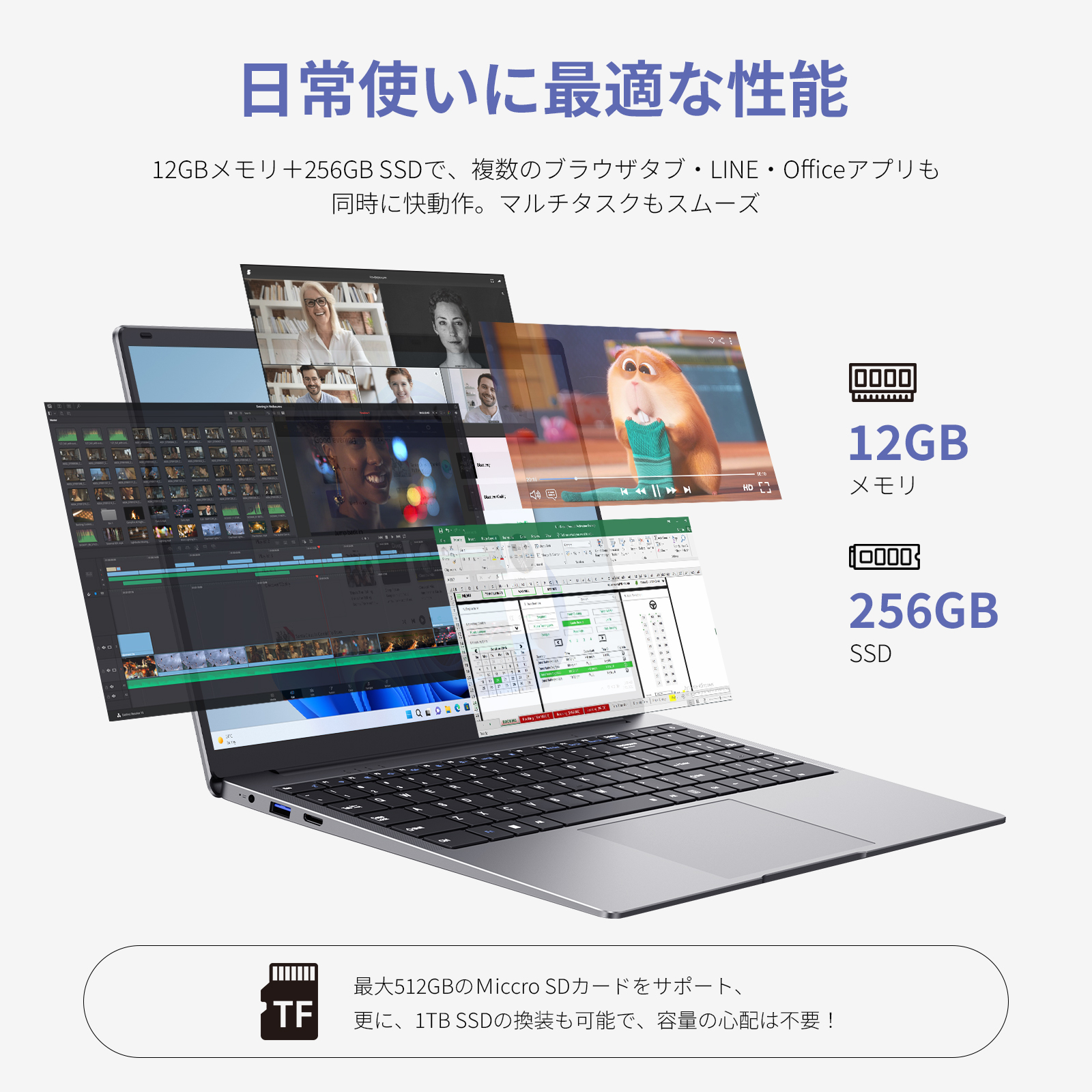 15.6インチ 薄型＆ポータブルノートパソコン Intel Celeron N4000 12GB RAM 256GB SSD FHD 1920x1080 16:9ディスプレイ 仕事や学習に