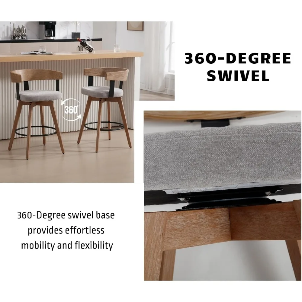 Modern Grey Linen Upholstered 360-Degree Swivel Bar Stool Set of 3 - 26" Counter Height with Footrest & Backrest - Ideal