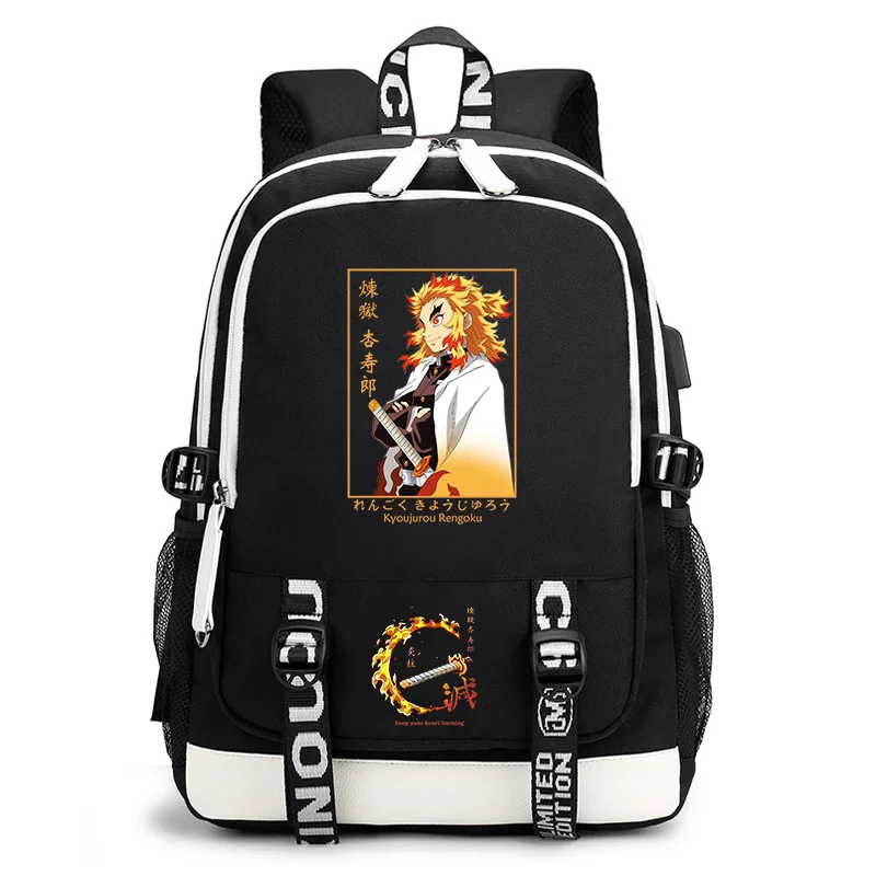 Anime Rengoku Kyoujurou 인쇄 배낭 십대 패션 야외 거리 USB 배낭 대용량 배낭 학교 학교 가방