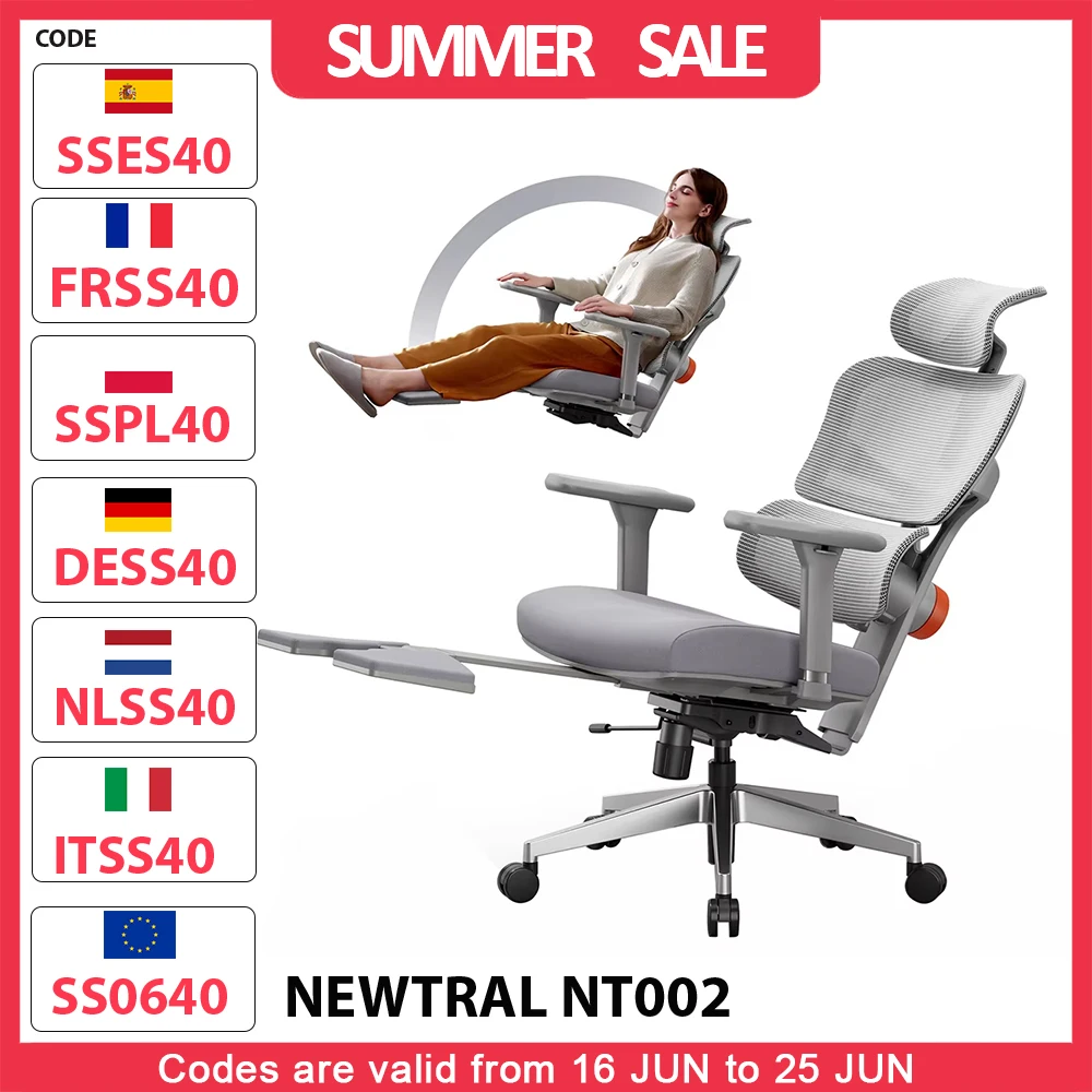 NEWTRAL NT002 Chaise ergonomique, support inférieur adaptatif pour le dos, accoudoir de dossier réglable, repose-tête