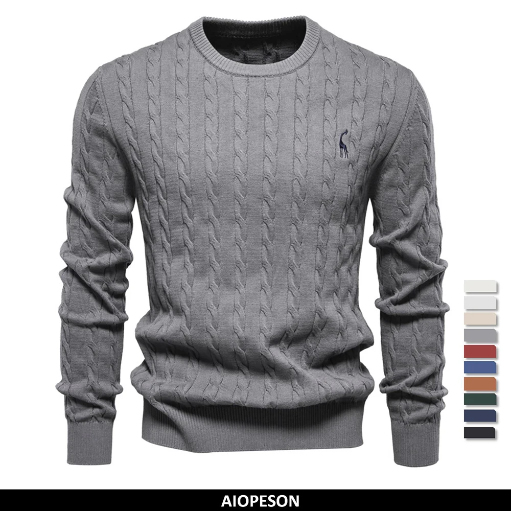AIOPESON Herren-Pullover aus Baumwolle mit Giraffen-Stickerei, Rundhalsausschnitt, klassischer Pullover mit gedrehtem Muster, Strickpullover für Herren