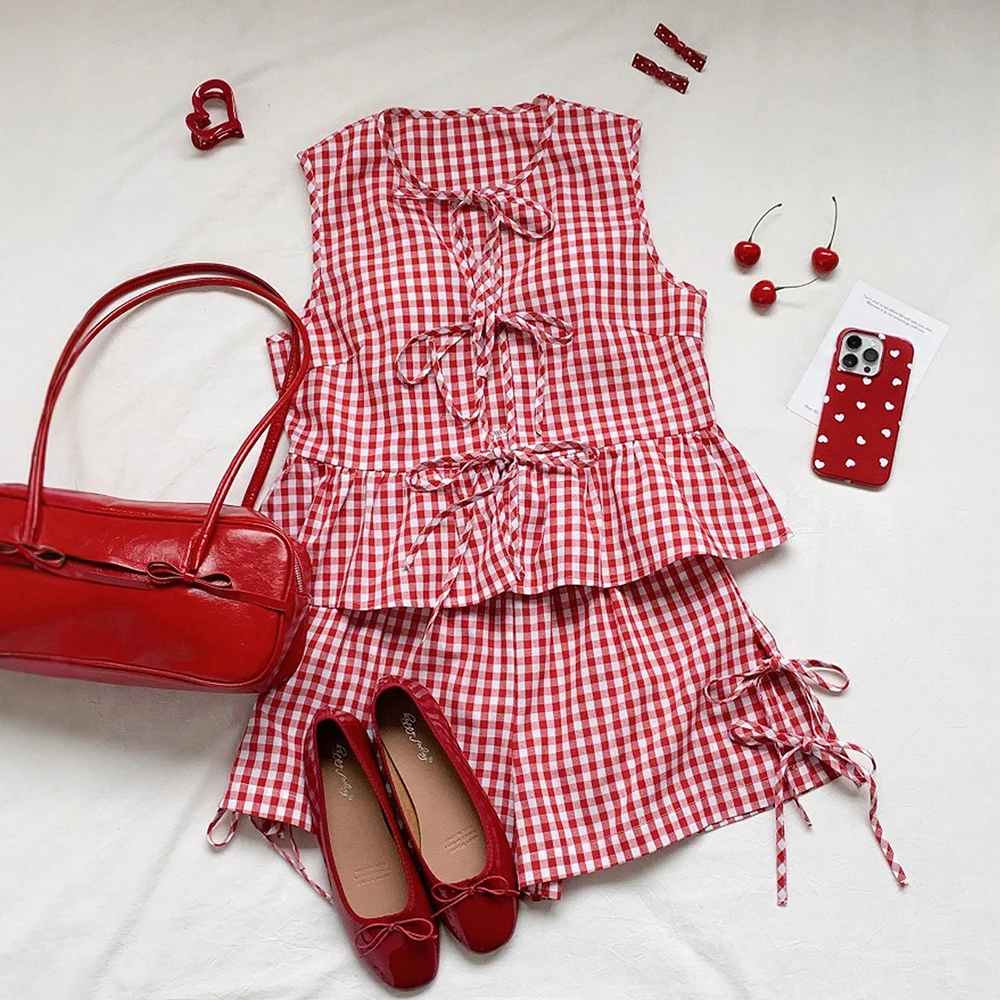 Mia Muse Sets Zomer K-Stijl Effen Kleur Plaid Lace-Up Mouwloos Ronde Hals Hoge Taille Rok Casual sets Voor Vrouwen