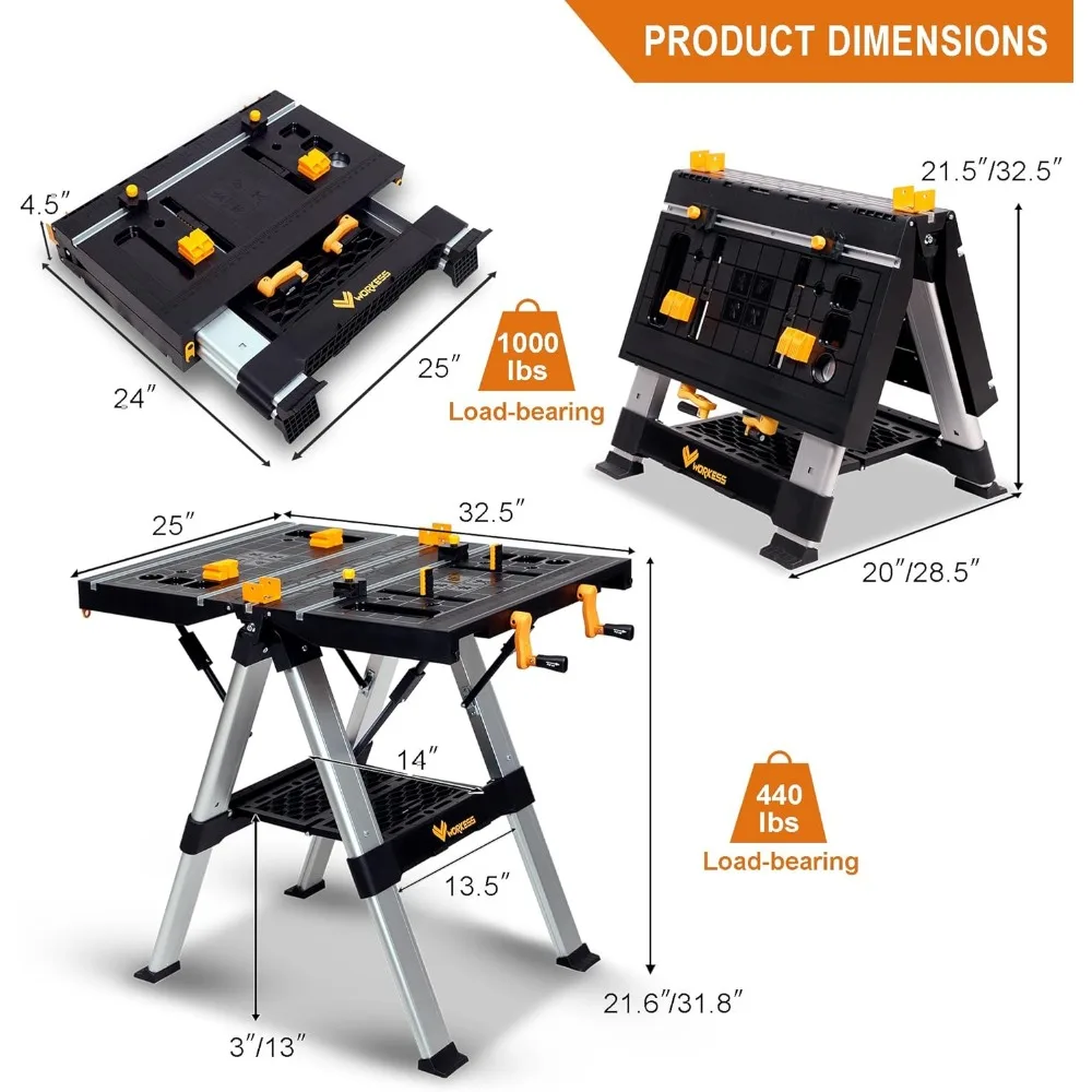 Portable Workbench & Sawhorse, 440Lbs/1000Lbs Capacity Heavy Duty Folding Work Table, 21.5"-32.5" Adjustable Height with Clampin