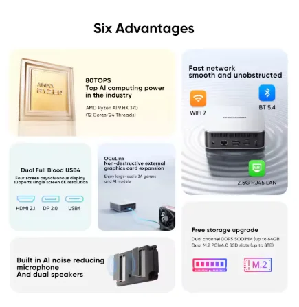 MINISFORUM 2025 AI X1 Mini PC AMD Ryzen AI 9 HX 370 R7 255 OCuLink 2*USB4 Wbudowane podwójne głośniki Komputer stacjonarny do gier WiFi7