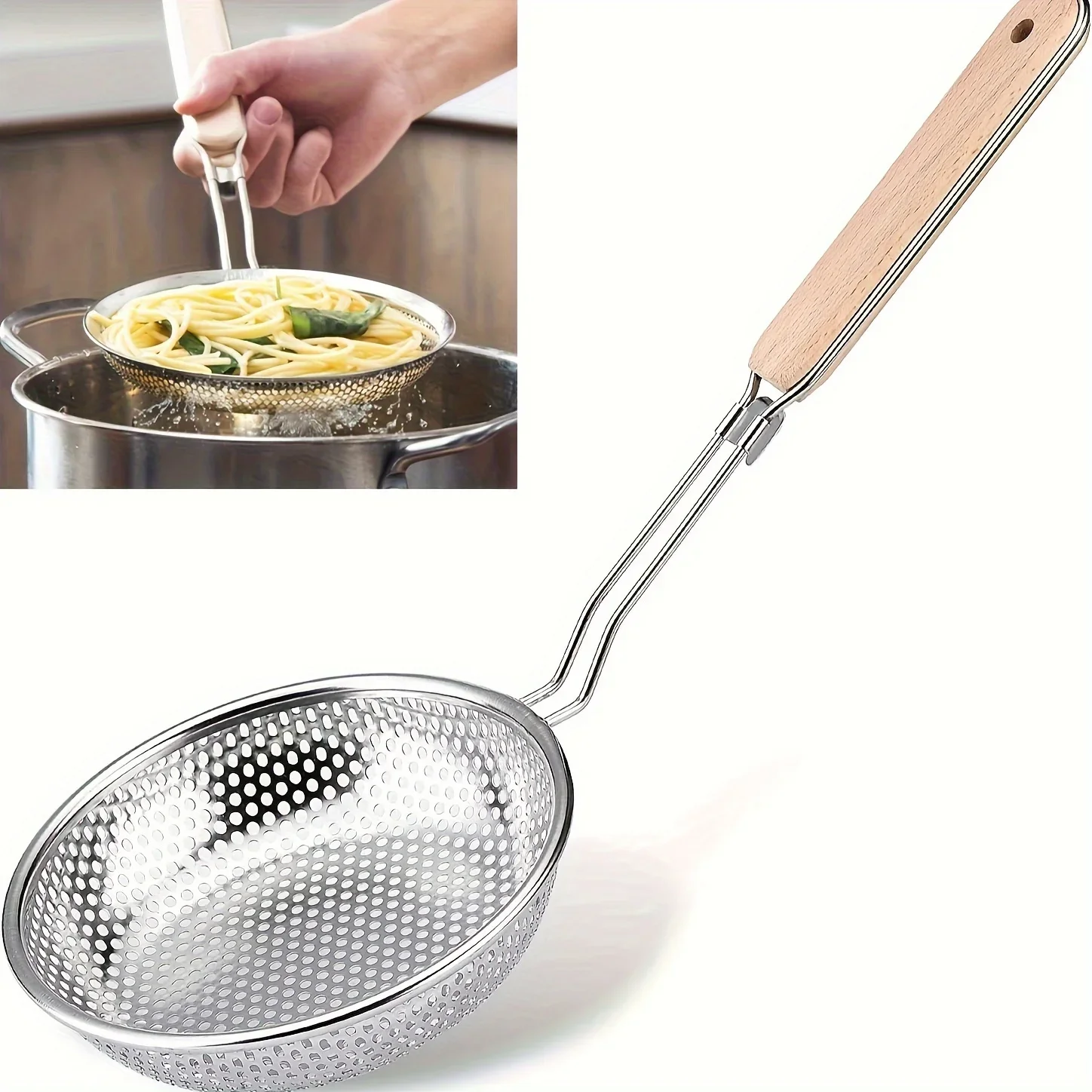 Colador de acero inoxidable con mango de madera, cuchara espumadera de malla fina para cocinar, filtrado de grasa de preparación de alimentos para fideos de Pasta