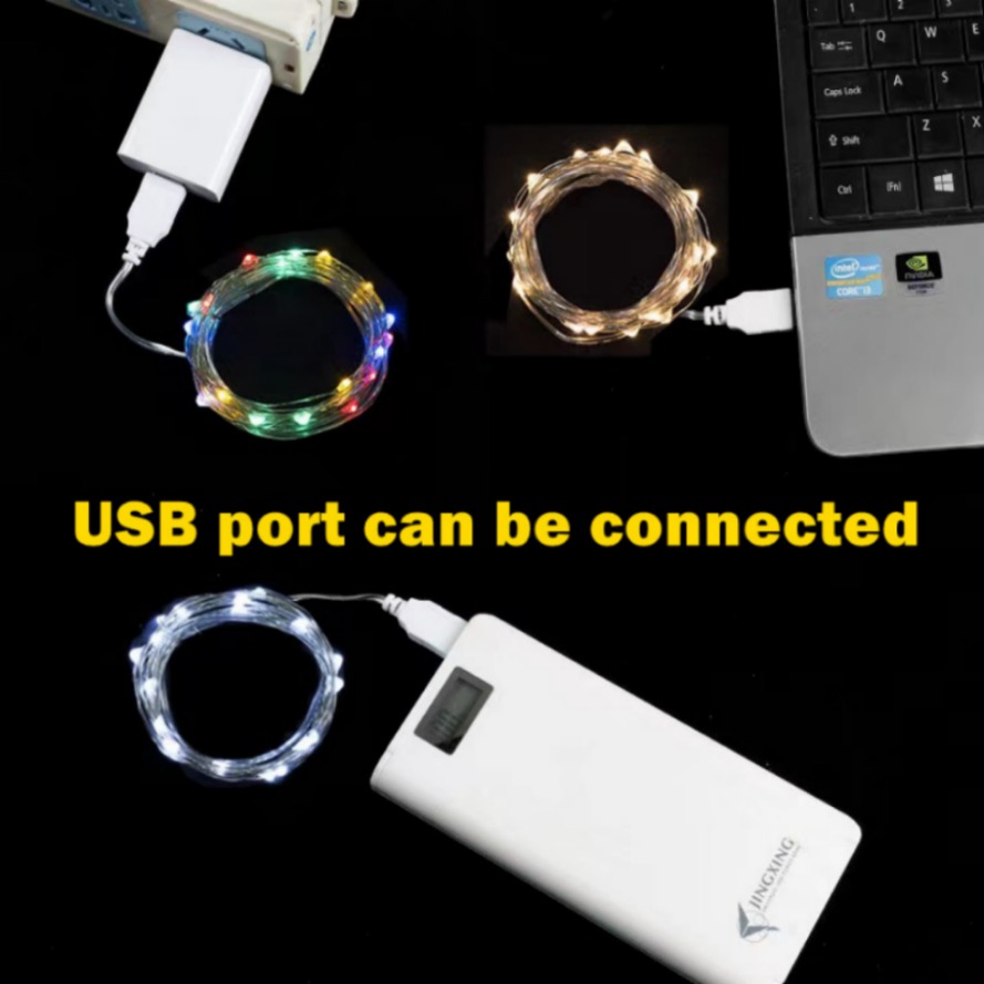 Guirnalda de luces LED USB de 1m/10m/20m, guirnalda de alambre de cobre y plata, luces de hadas impermeables para decoración del banquete de boda y Navidad