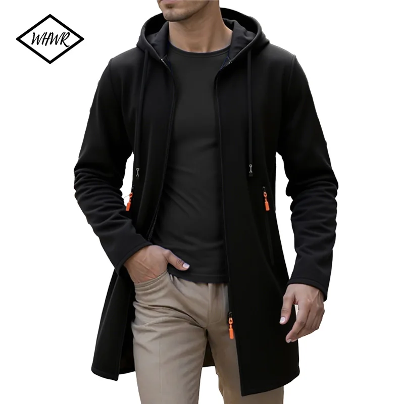 Primavera outono masculino com capuz jaquetas longas sólido kintting cardigan outwear casual casacos masculinos zíper quente streetwear hoodies jaqueta