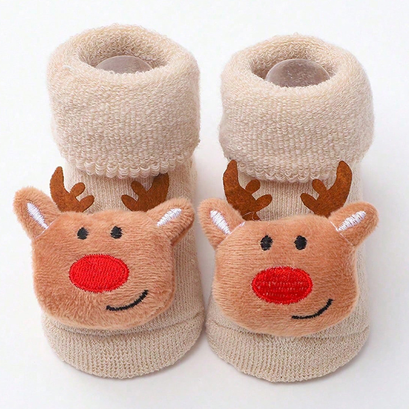 Детские носки для девочек и мальчиков, Нескользящие вязаные хлопковые детские рождественские носки с милым лосем для малышей, носки для новорожденных