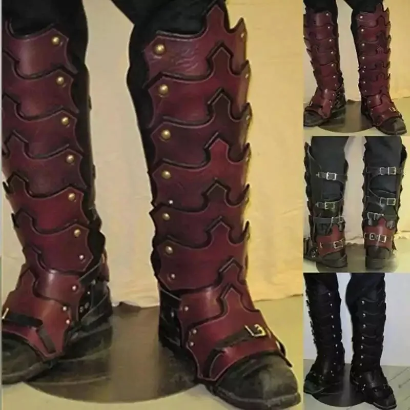 中世 Larp Pu レザー脚鎧ゴシックグリーブゲートルバイキング騎士衣装キットコスプレライダー靴ブーツカバー男性のための