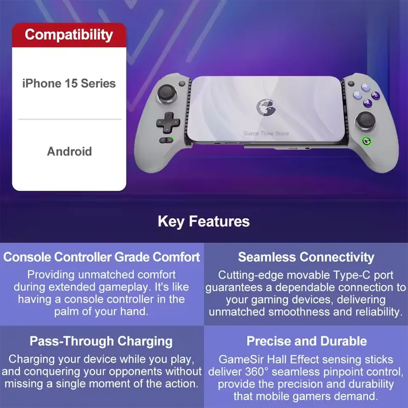 GameSir G8 Galileo Controller di gioco per gamepad per cellulare con joystick ad effetto Hall per iPhone 15 Gioco cloud per telefono cellulare Android