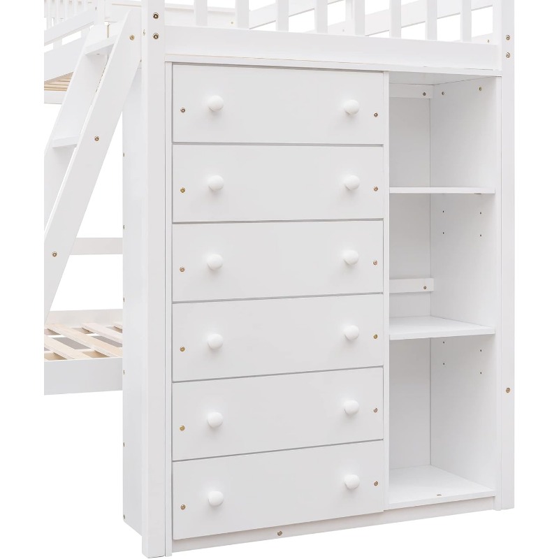 Harper & Bright Designs Twin Over Full Bunk Bed with 6 Storage Drawers and 3 Shelves, Wood Twin Loft Bed with Movable Lower Bed