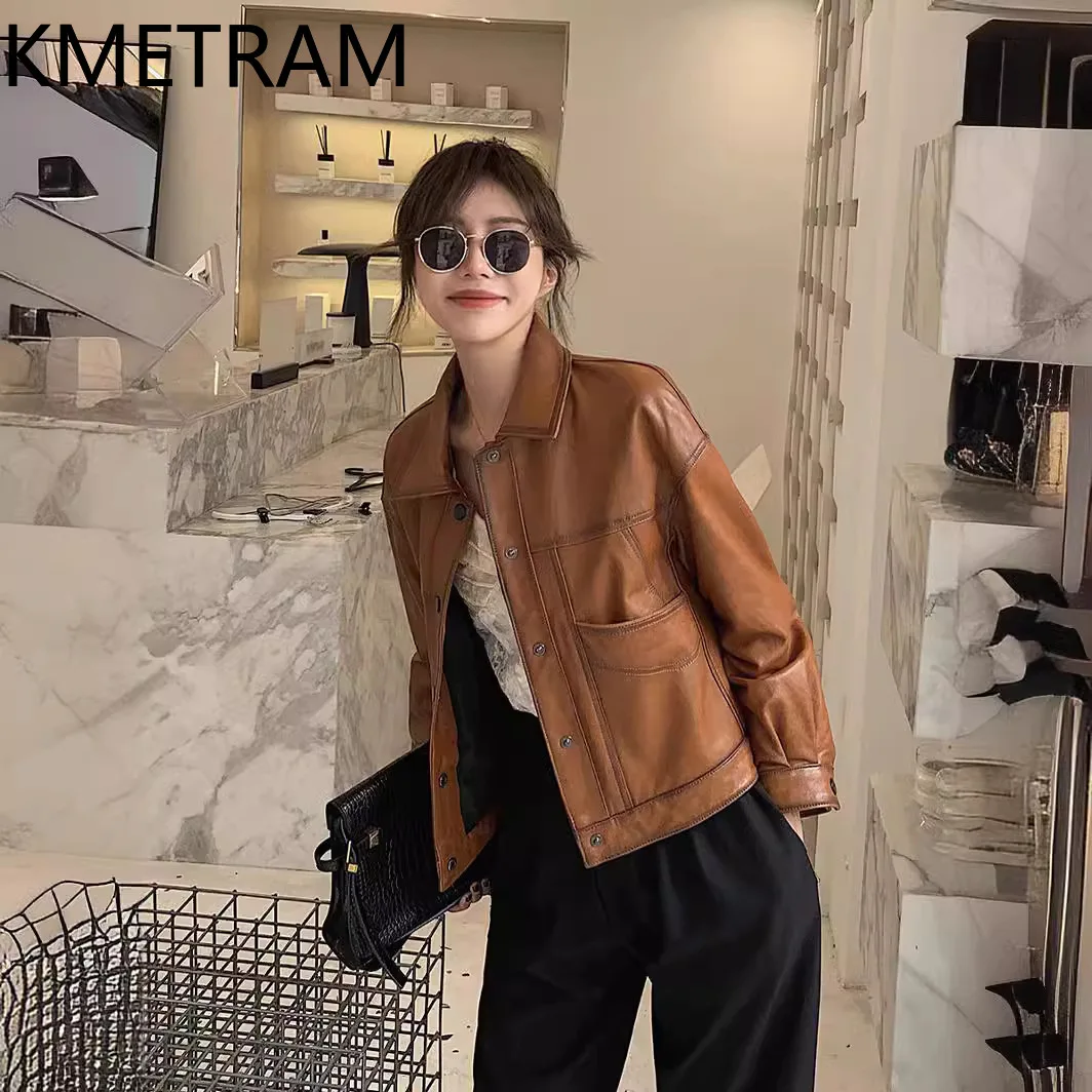 女性用本革ジャケット,シープスキン100%,ヴィンテージブラウンバイクアウター,秋冬服,2024, 2023