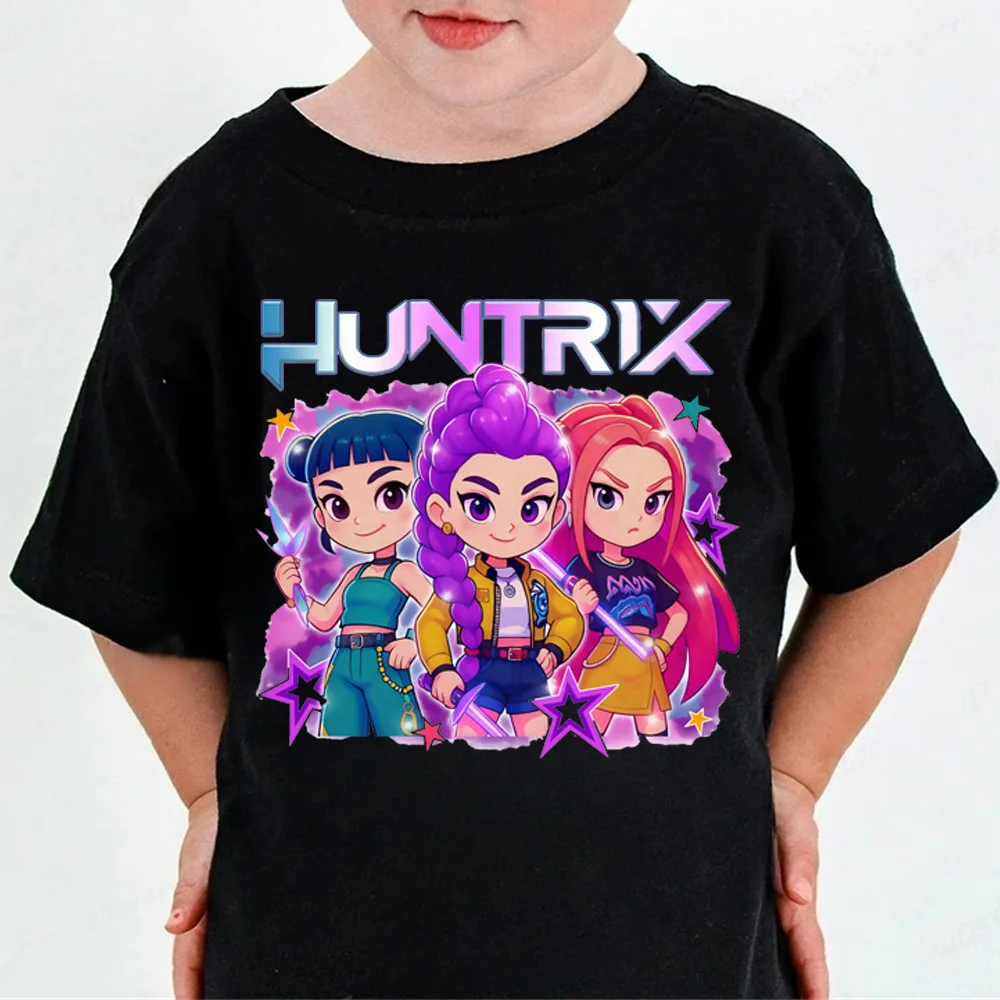 T-shirt Huntrix Kpop Demon Hunters per ragazzi e ragazze, regalo per i fan, girocollo estivo, manica corta, maglietta per bambini alla moda