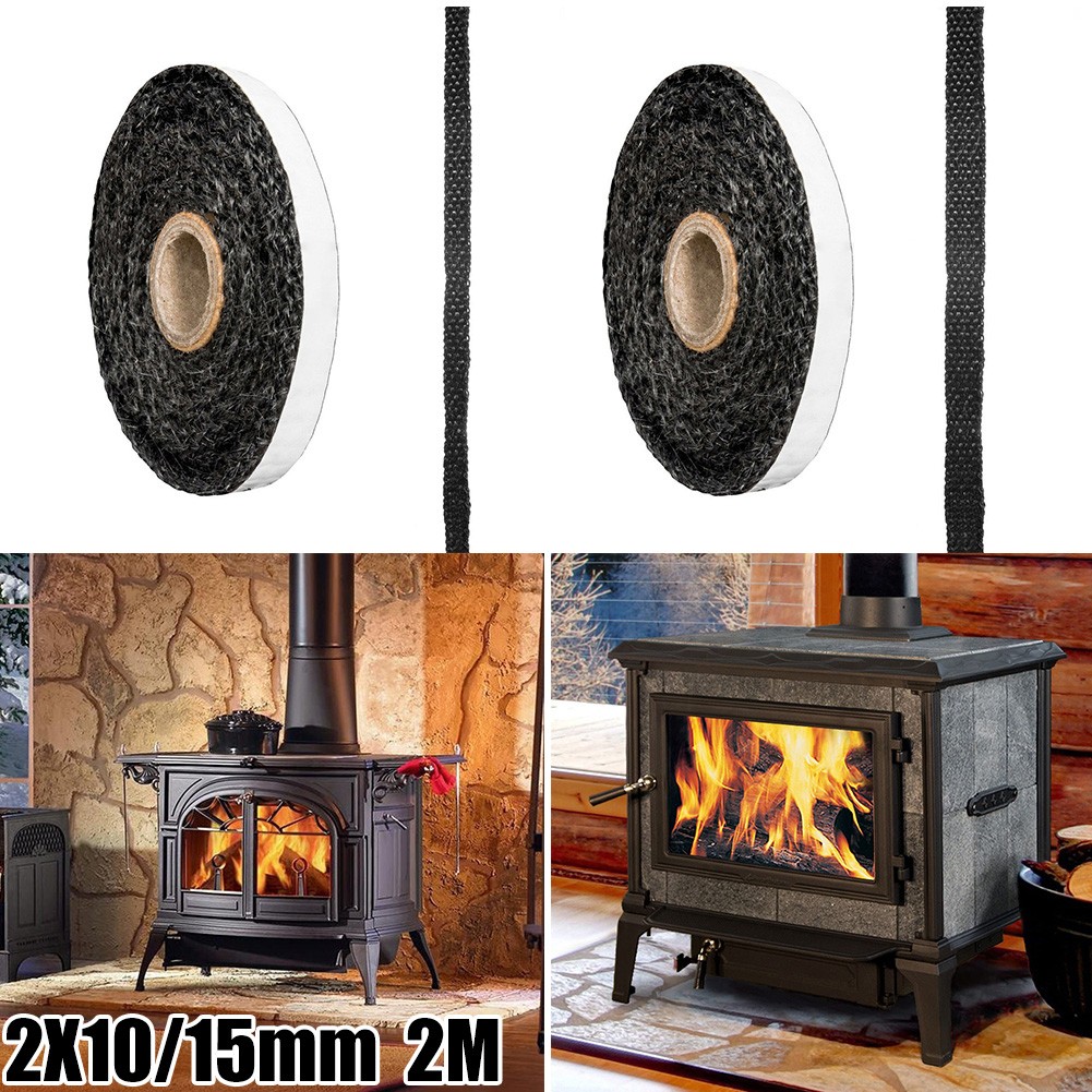 Schwarzes flaches Ofenseil, selbstklebendes Glas-Kamin, Tür, Herd, Kamin, Blaster, Dichtungsstreifen, 2 m x 10 mm/15 mm, Ersatz-Dichtungskabel