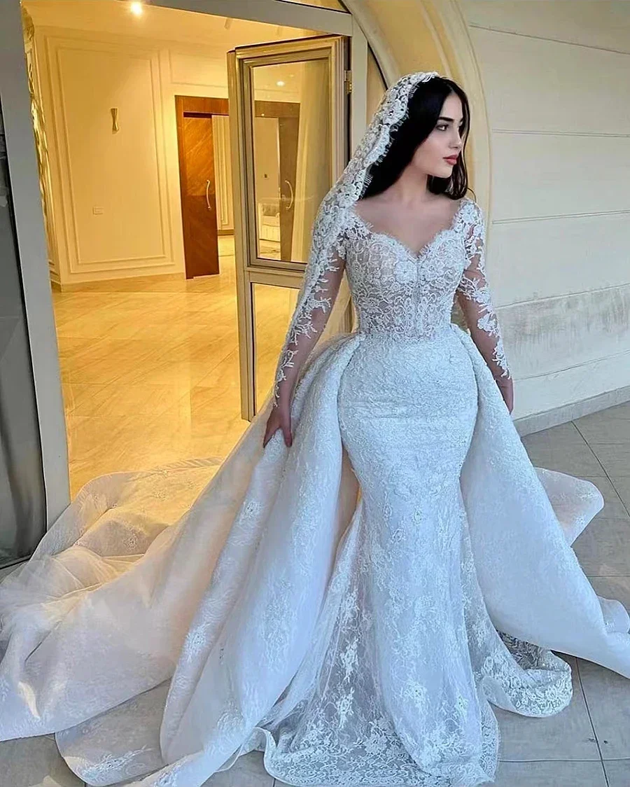 Abiti da sposa a sirena di lusso personalizzati 2025 Treno staccabile Abiti da sposa a maniche lunghe in pizzo romantico per abiti da sposa