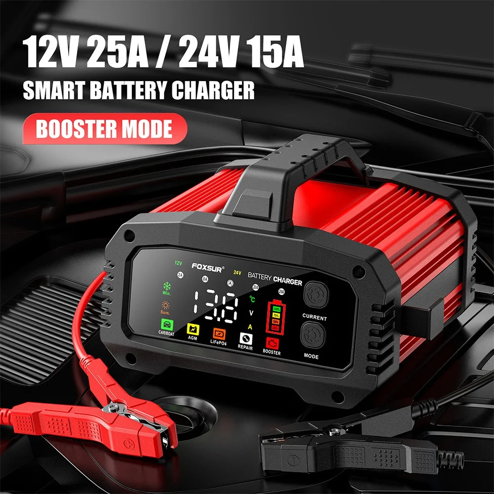 Cargador de batería de coche inteligente portátil 25A/15A para motocicleta de 12V-24V, baterías de GEL AGM LiFePo4, reparación de pulso de refuerzo de coche