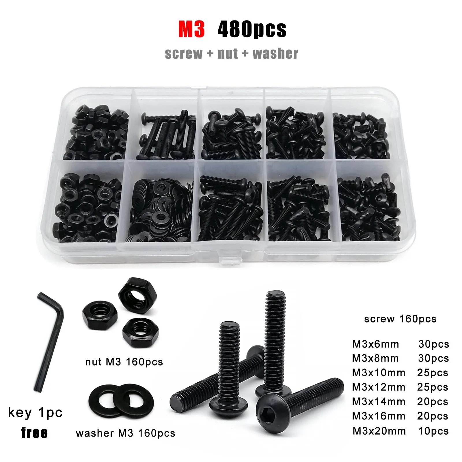 M1.6 M2 M2.5 M3 M4 M5 M6 M8 Black Grade 10.9 Steel Hex Hexagon Socket Allen Button Round Head Screw Bolt Nut Assortment Kit Box