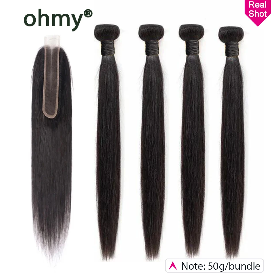 Ohmy 50g 4/5/6 pacotes de cabelo humano com fecho kim k 2x6 vietnã em linha reta transparente parte intermediária fechamento de renda e pacote completo