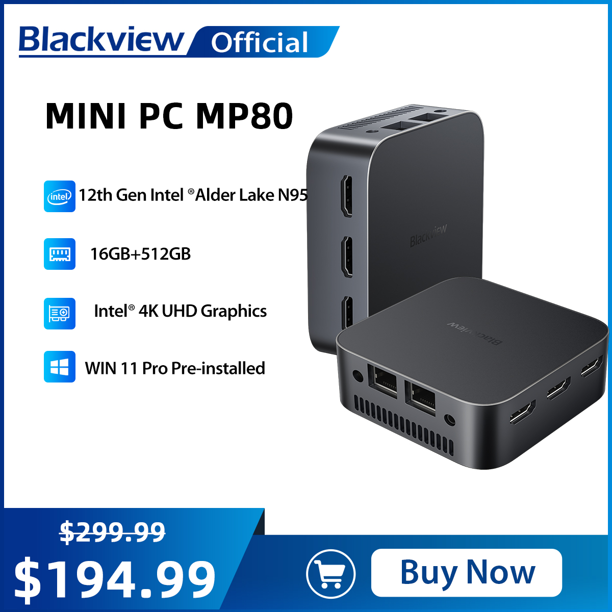 Blackview-Mini PC MP80 de 12ª generación, Intel Alder Lake N95 N97 DDR5, 16GB, 512GB SSD, VESA, 4K, HDMI, Windows 11 Pro