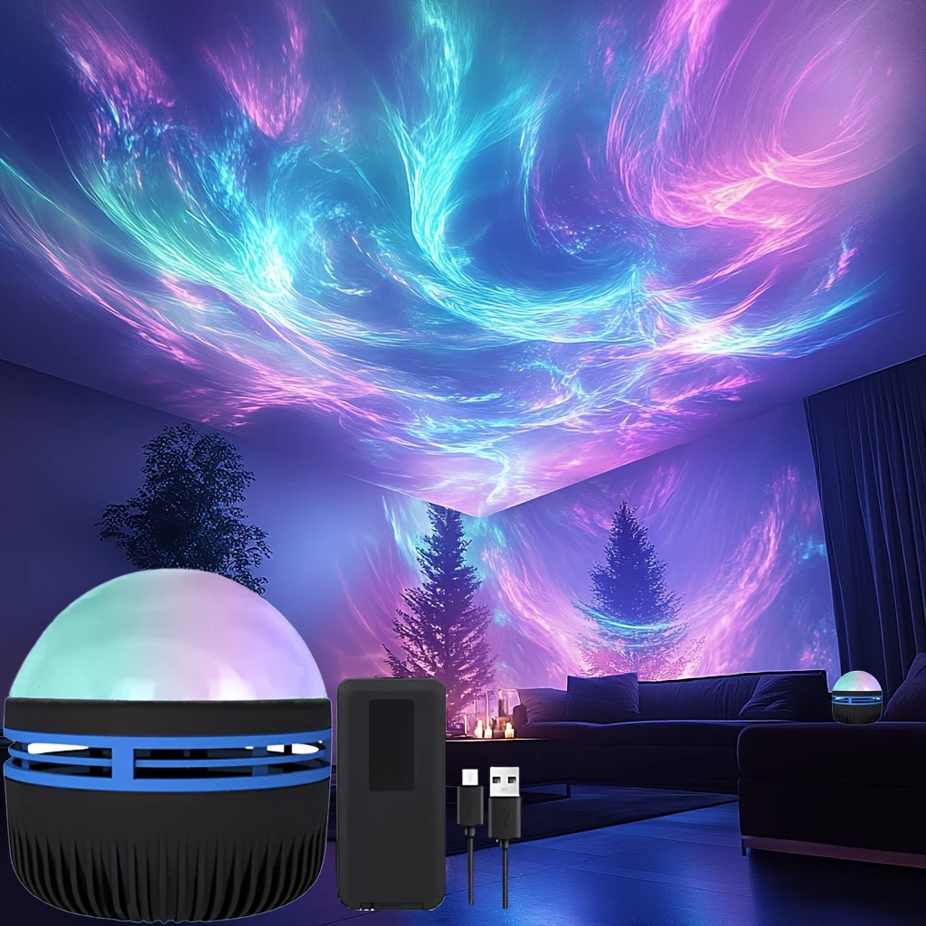 1 szt. Lampa projekcyjna LED ziemskie światła, efekt Aurora Borealis, pilot, zasilanie przez USB, światło zmieniające kolor, do wystroju sypialni