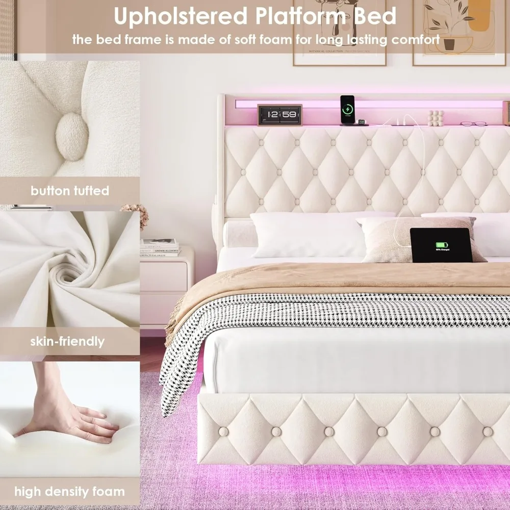 Floating Bed Frame Queen Size Platform with LED Lights, USB Charging Station Headboard Modern Upholstered Velvet Fabric Bed