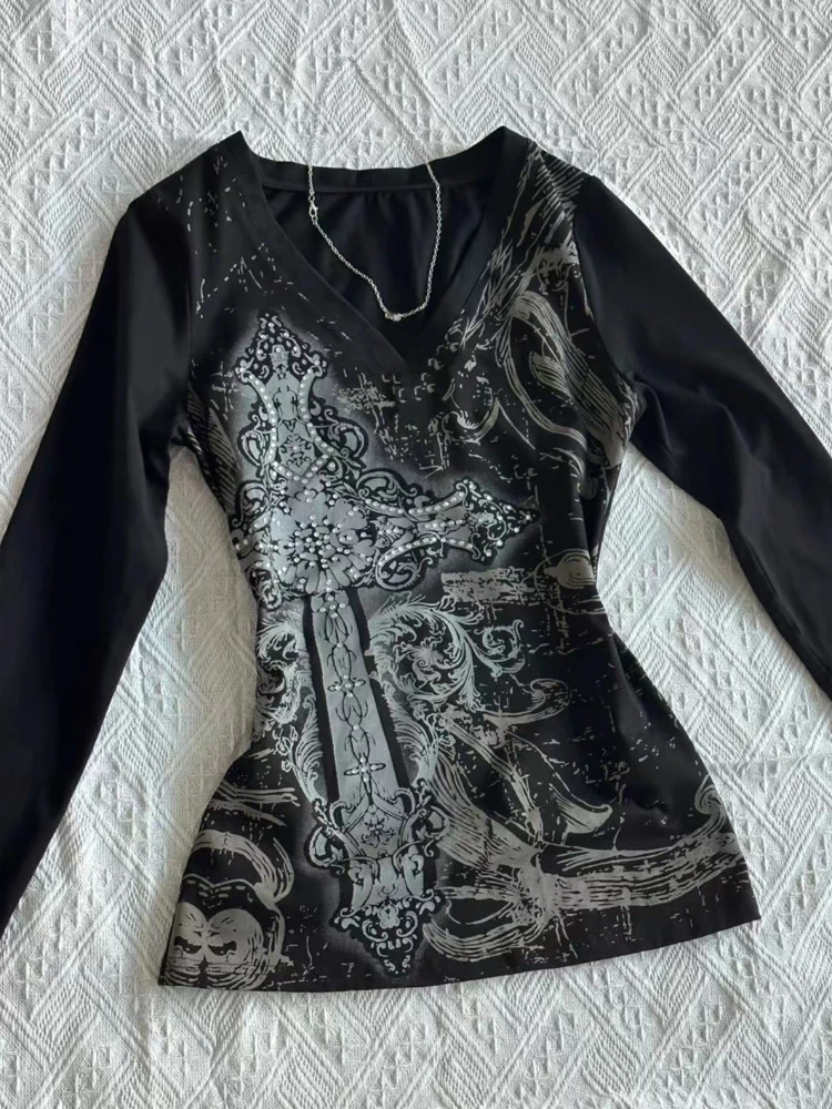 2000 年代アメリカンヴィンテージゴシック黒人女性 Tシャツパンクスタイルグラフィックグランジ Tシャツ原宿 Y2k 長袖トップスストリート