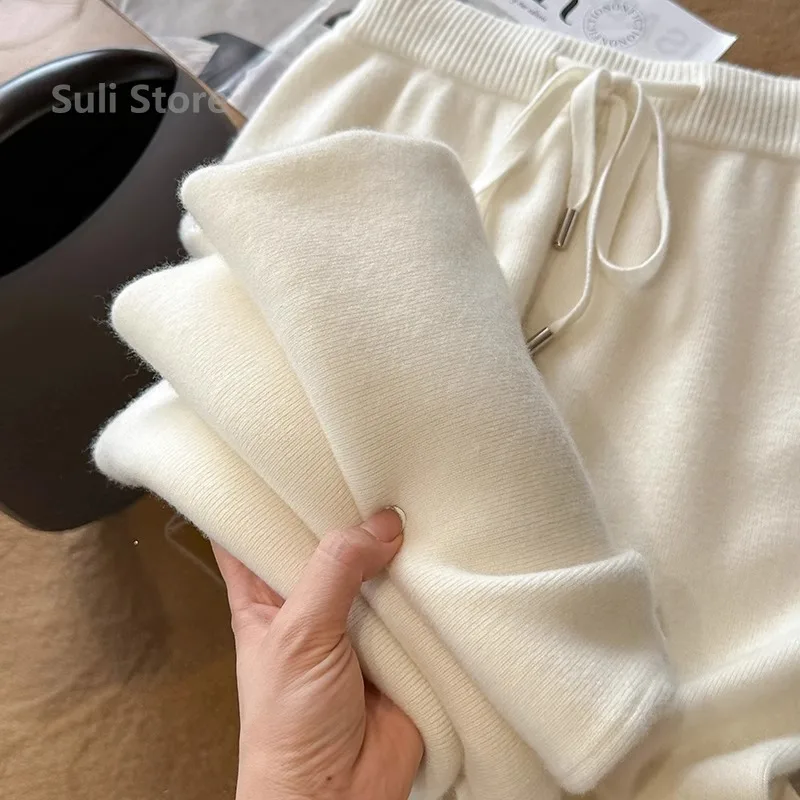 Осень и зима, темпераментные шерстяные свободные широкие брюки с высокой талией, женские повседневные прямые брюки из мягкой восковой шерсти с облаком