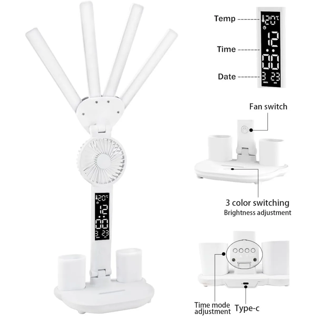 Candeeiro de mesa LED de 3 cores com ventilador e relógio Quatro cabeças dobrável com carregamento USB Lâmpada de mesa multifuncional para leitura luz noturna