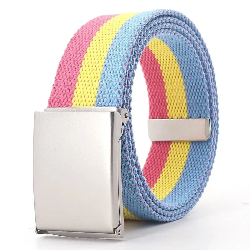 Cinturón de lona con rayas arcoíris, cinturón ajustable para pantalones vaqueros, cinturón para viajes al aire libre, cinturón con hebilla de Metal para mujer, multicolor