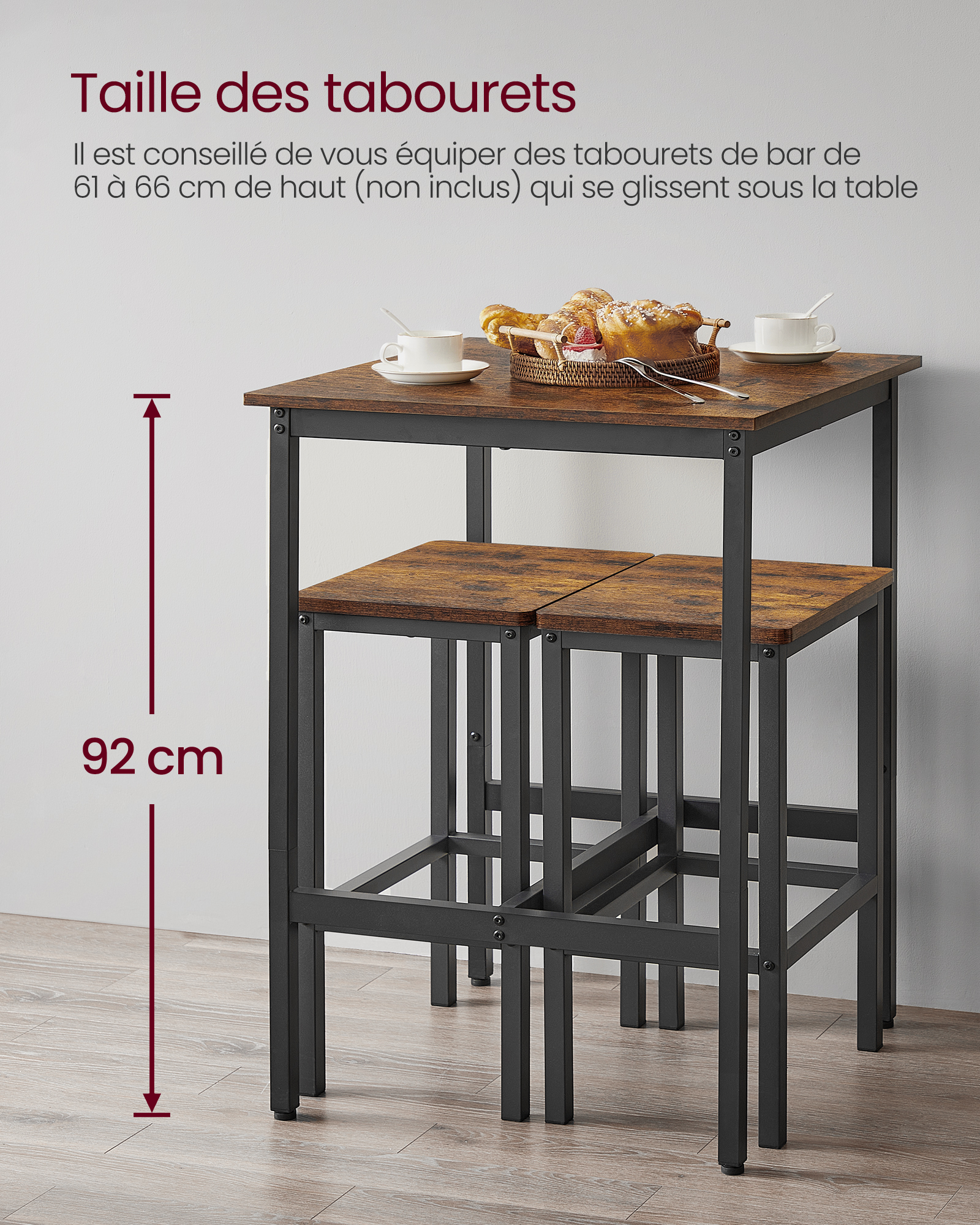 VASAGLE Table Haute, Table de Bar Carrée, Cadre en Acier, 60 x 60 x 92 cm, Montage Facile, pour Cuisine, Salon, Style Industriel, Marron Rustique et Noir