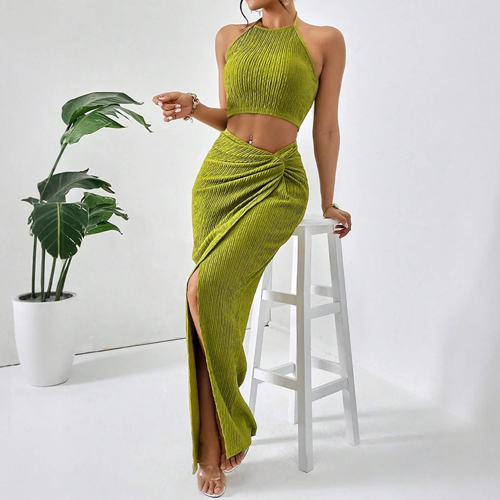 Mia Muse Sets Lente Zomer Fitting Slanke Elegante Effen Split Mouwloos Halter Hals Natuurlijke Taille Maxi Party Sets Voor Dames