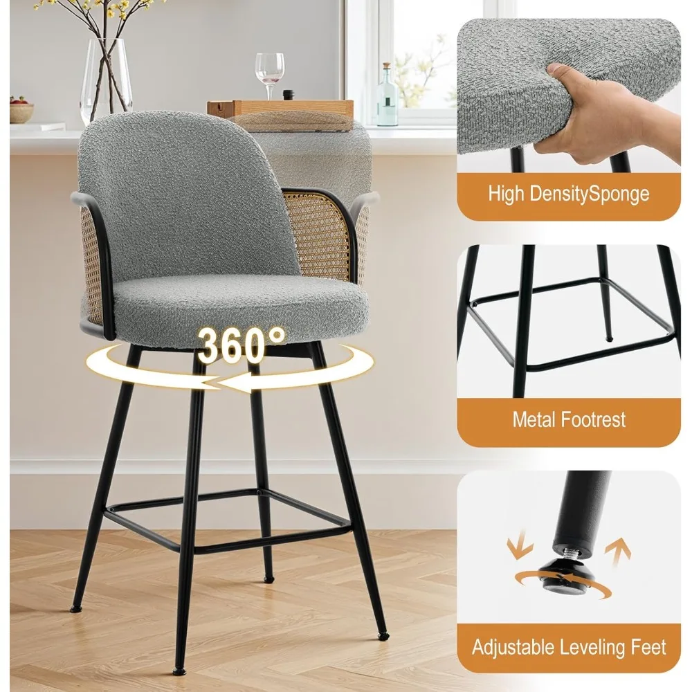 Counter Height Swivel Stools with Back, Boucle Fabric Upholstered Seat Counter Chairs, Modern Barstools with Metal Legs