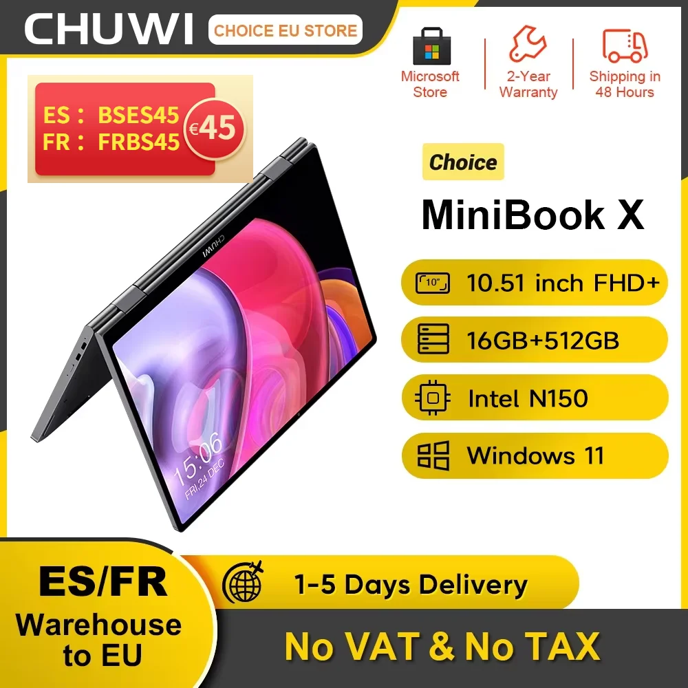 CHUWI MiniBook X N150-laptop 10,51 inch 16 GB RAM 512 GB SSD 2-in-1 yogamodus Intel Windows 11 notebook 360 °   Omkeerbare WiFi6
