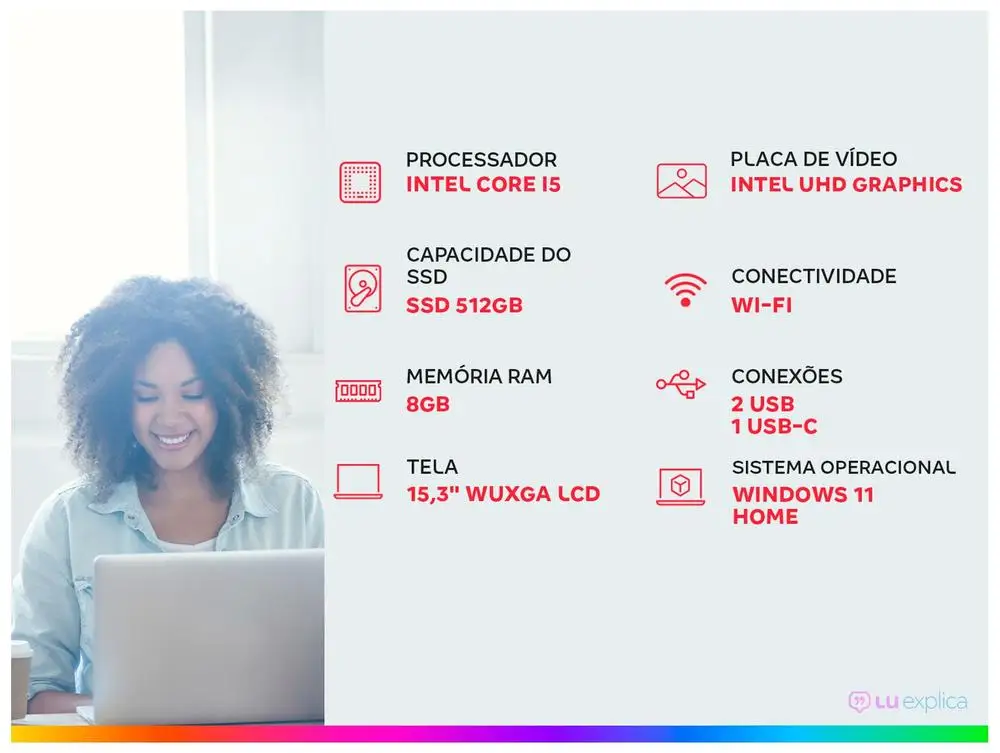 Notebook Lenovo IdeaPad Slim 3i Intel Core i5 13420H 8GB RAM 512GB SSD 15,3" WUXGA Windows 11 Intel UHD Graphics 83NS0002BR