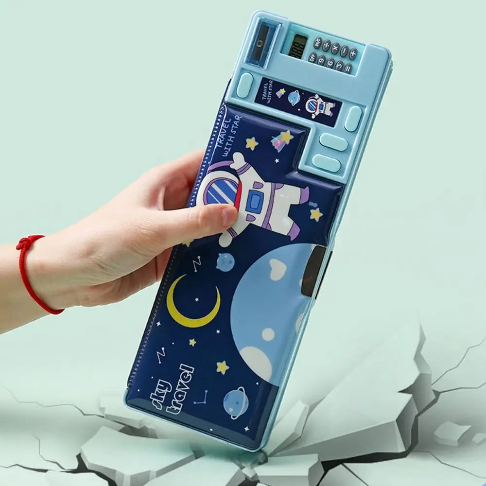Dwuwarstwowy piórnik astronauta/zwierzęcy wzór temperówka piórnik plastikowy z kalkulatorem organizer na artykuły papiernicze