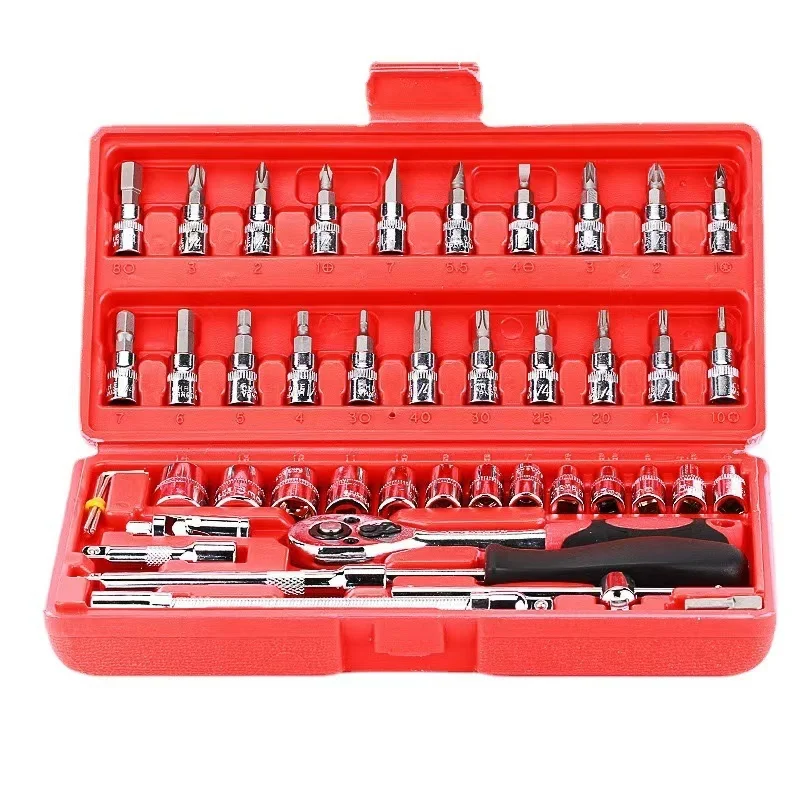 Hi you: 46 piece car repair tool kit: ratchet torque wrench, wrench, screwdriver, socket set combination - perfect for bicycle a