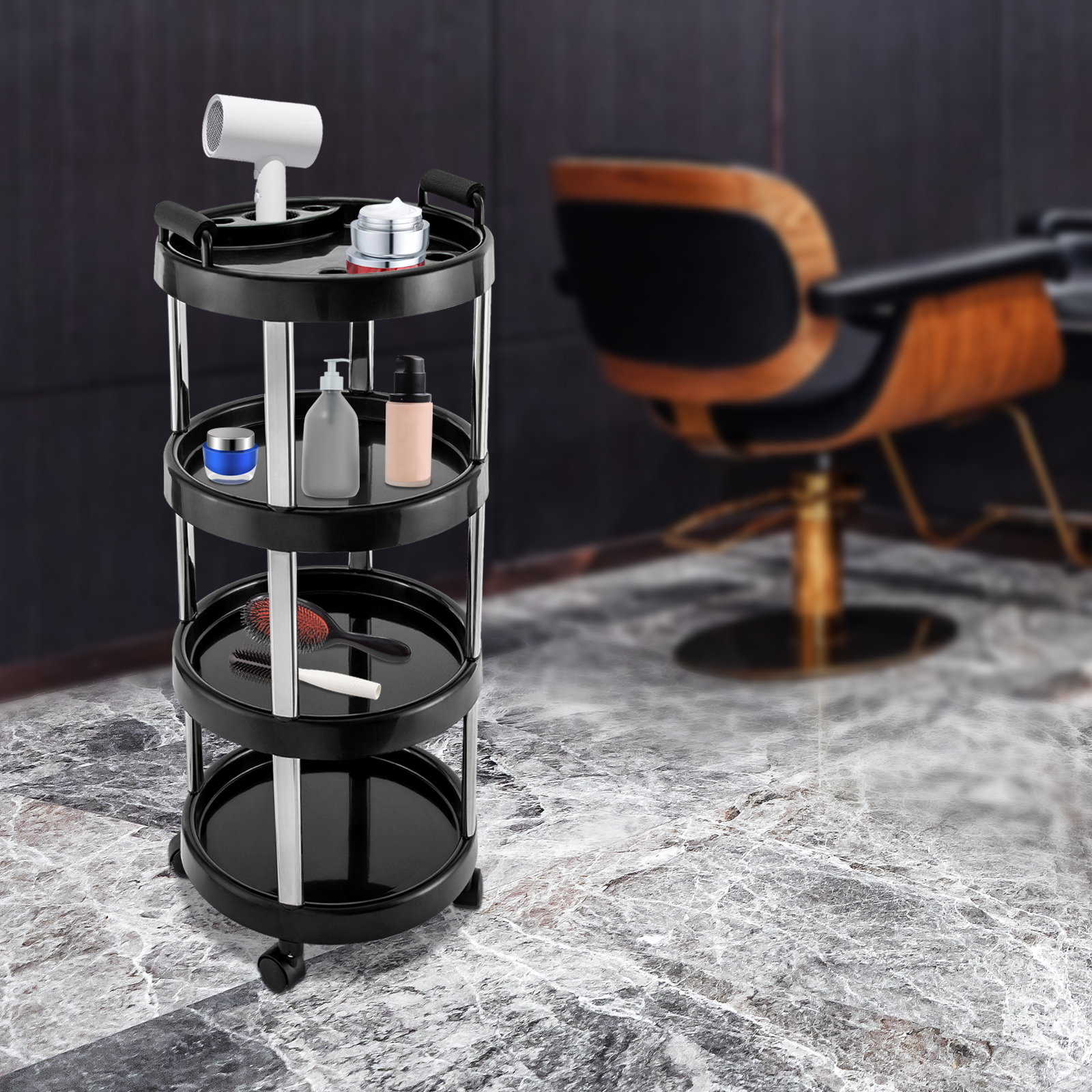 Carrello per parrucchiere rotondo a 4 livelli Carrello per barbiere Carrello per parrucchiere professionale Carrello per cosmetici Carrello oscillante per salone