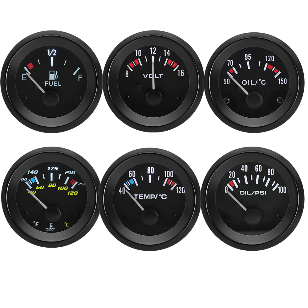 Medidor de pressão de óleo para carro, 12v, 52mm, temperatura da água, medidor de nível de combustível, voltímetro com concha preta para carro a gasolina 12v