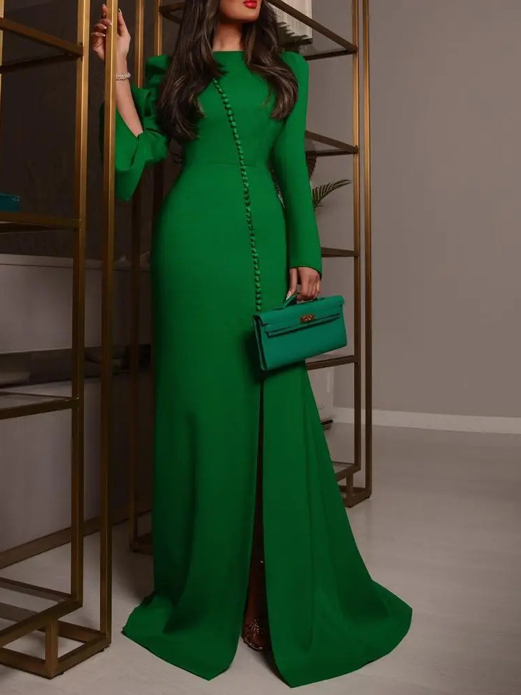 customized Green prom dress mermaid long sleeve floor-length special occasion high-end button dress